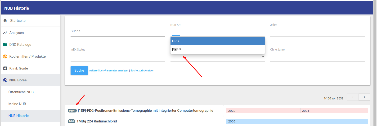NUB Historie filtern nach NUB-DRG NUB-PEPP