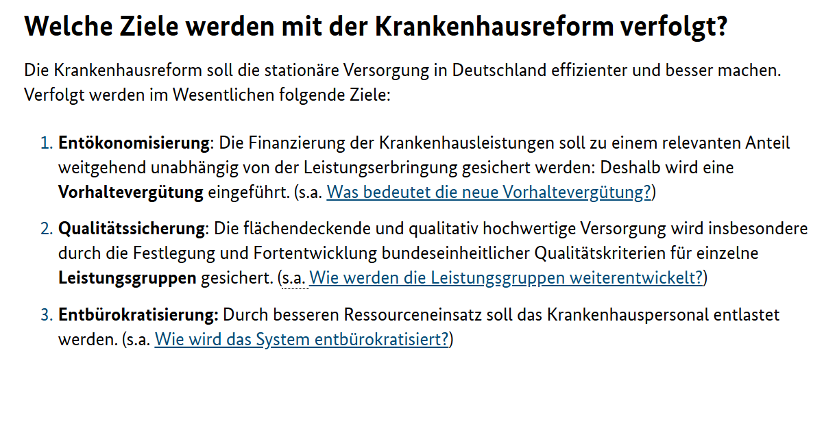 Ziele zur Krankenhausreform des Bundesministerium für Gesundheit vor dem 15. Januar 2025.