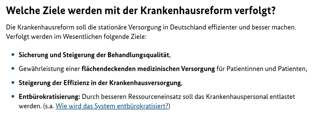 Ziele zur Krankenhausreform des Bundesministerium für Gesundheit vor dem 15. Januar 2025.