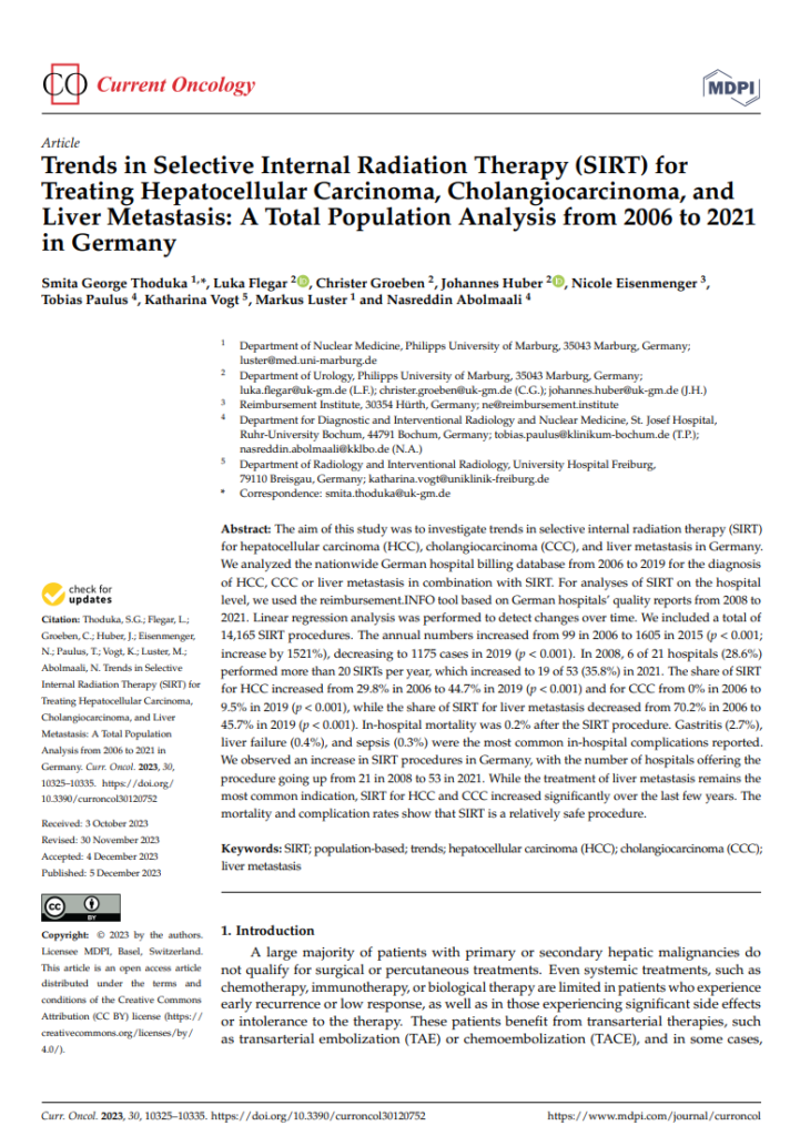 Erste Seite der Studie: „Trends in Selective Internal Radiation Therapy (SIRT) forTreating Hepatocellular Carcinoma, Cholangiocarcinoma, and
Liver Metastasis: A Total Population Analysis from 2006 to 2021
in Germany“