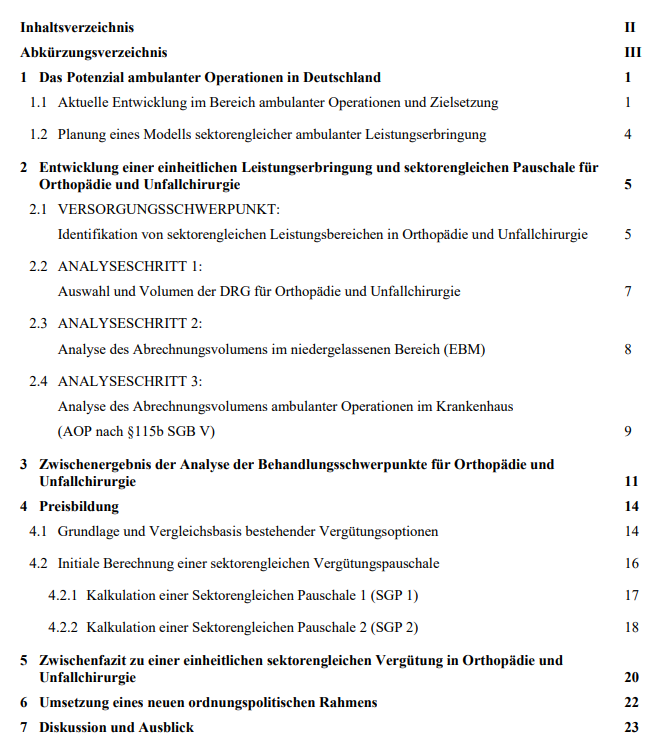Inhaltsverzeichnis zur Analyse und Einführung einer sektorengleichen Versorgung und Vergütung in Orthopädie und Unfallchirurgie