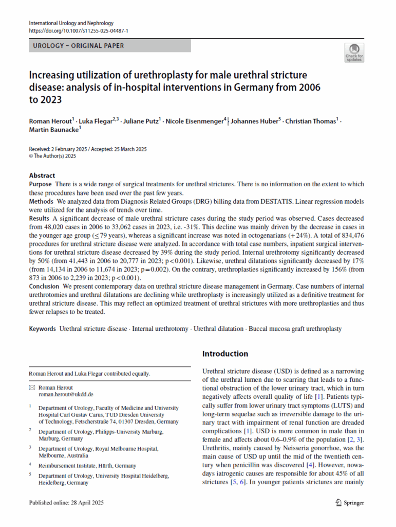 Erste Seite der Studie: Increasing utilization of urethroplasty for male urethral stricture disease: analysis of in‑hospital interventions in Germany from 2006 to 2023