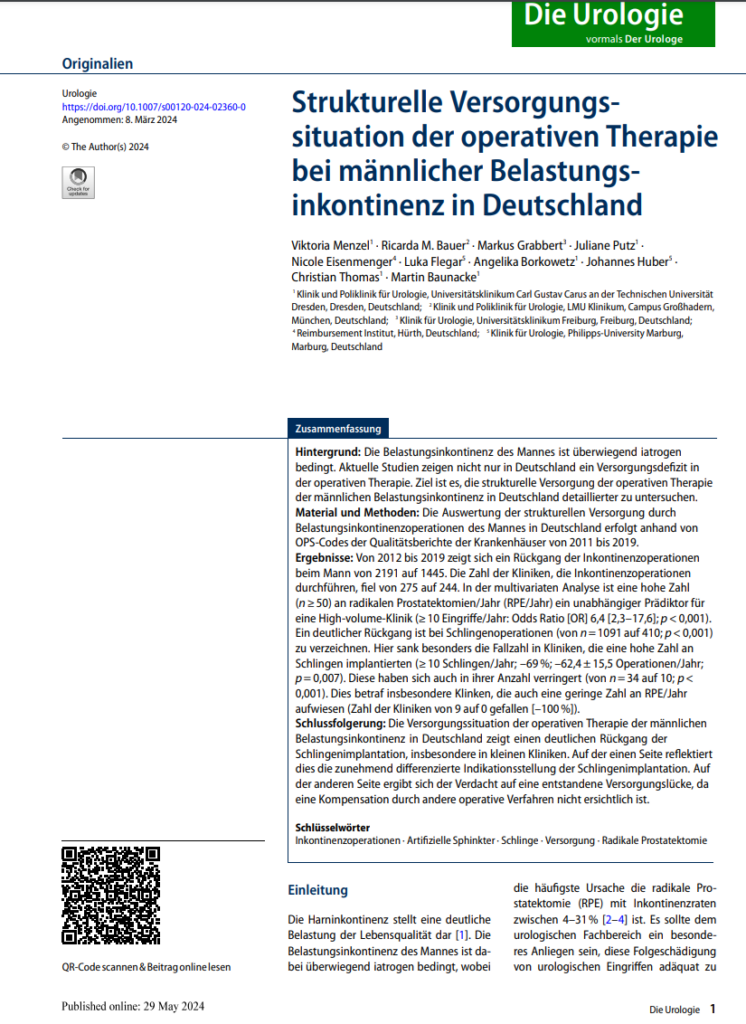 Strukturelle Versorgungssituation der operativen Therapie bei männlicher Belastungsinkontinenz in Deutschland
