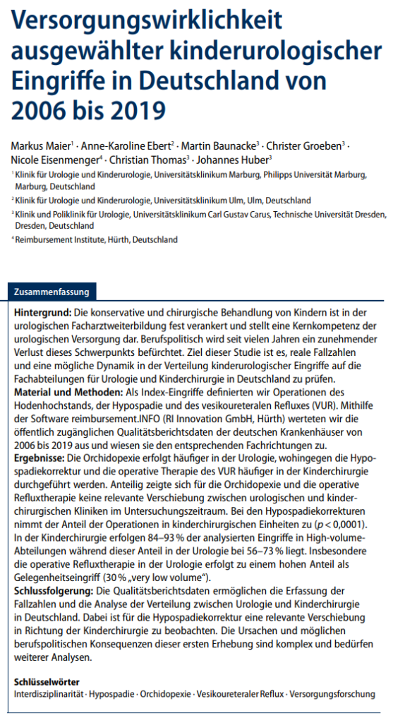 Darstellung der ersten Seite der Studie "Versorgungswirklichkeit ausgewählter kinderurologischer Eingriffe in Deutschland von 2006 bis 2019"