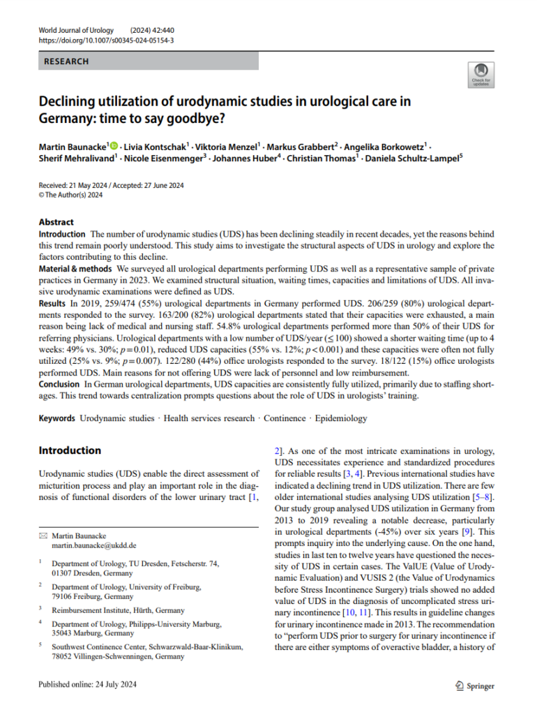 Erste Seite der Studie: Declining utilization of urodynamic studies in urological care in Germany: time to say goodbye?