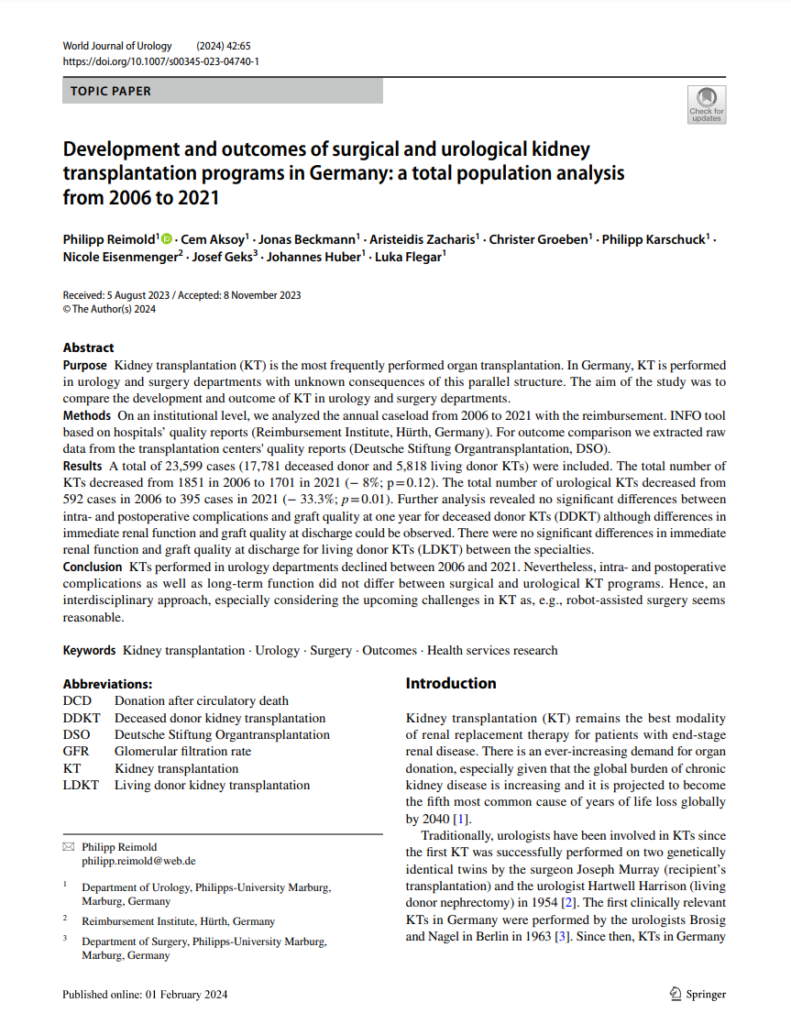 Erste Seite der Studie: Entwicklung und Ergebnisse der chirurgischen und urologischen Nierentransplantationsprogramme in Deutschland: eine Analyse der Gesamtpopulation von 2006 bis 2021