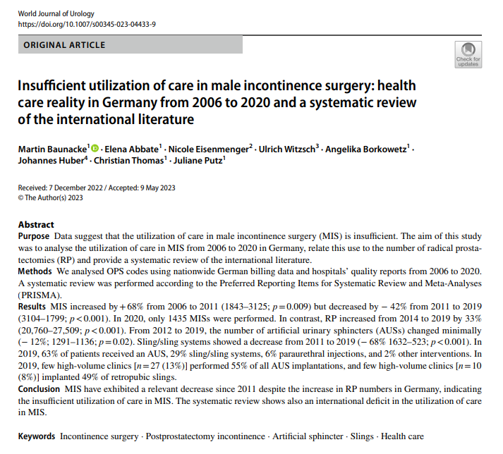 Erste Seite der Studie: "Insufcient utilization of care in male incontinence surgery: healthcare reality in Germany from 2006 to 2020 and a systematic review
of the international literature"