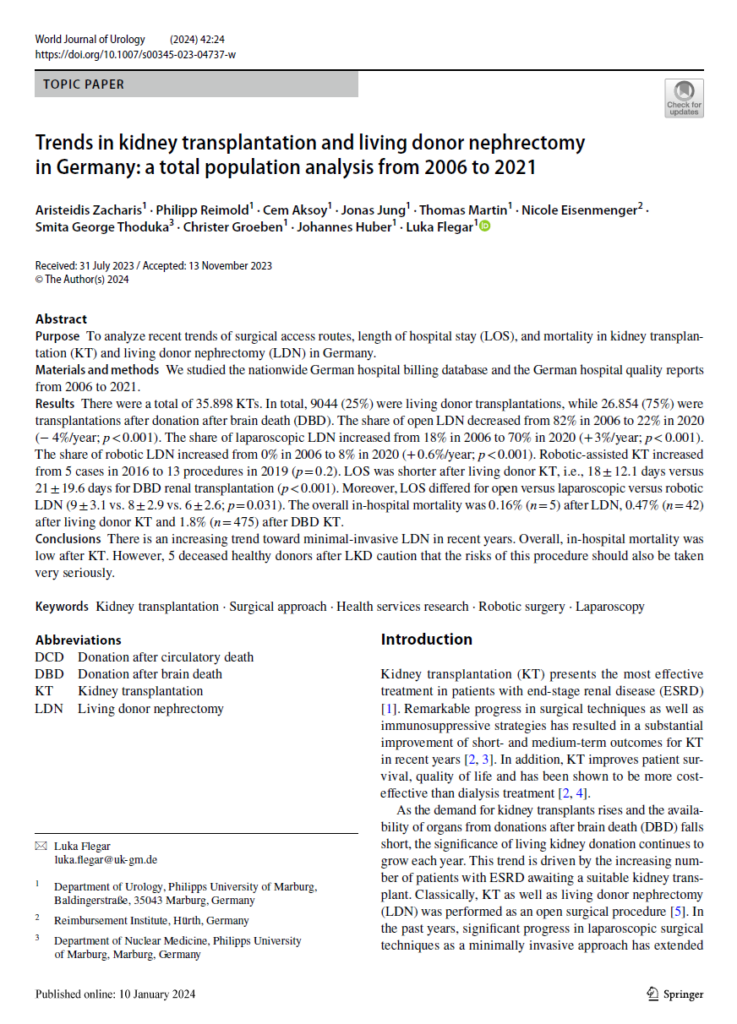 Erste Seite der Studie: Trends in kidney transplantation and living donor nephrectomyin Germany: a total population analysis from 2006 to 2021