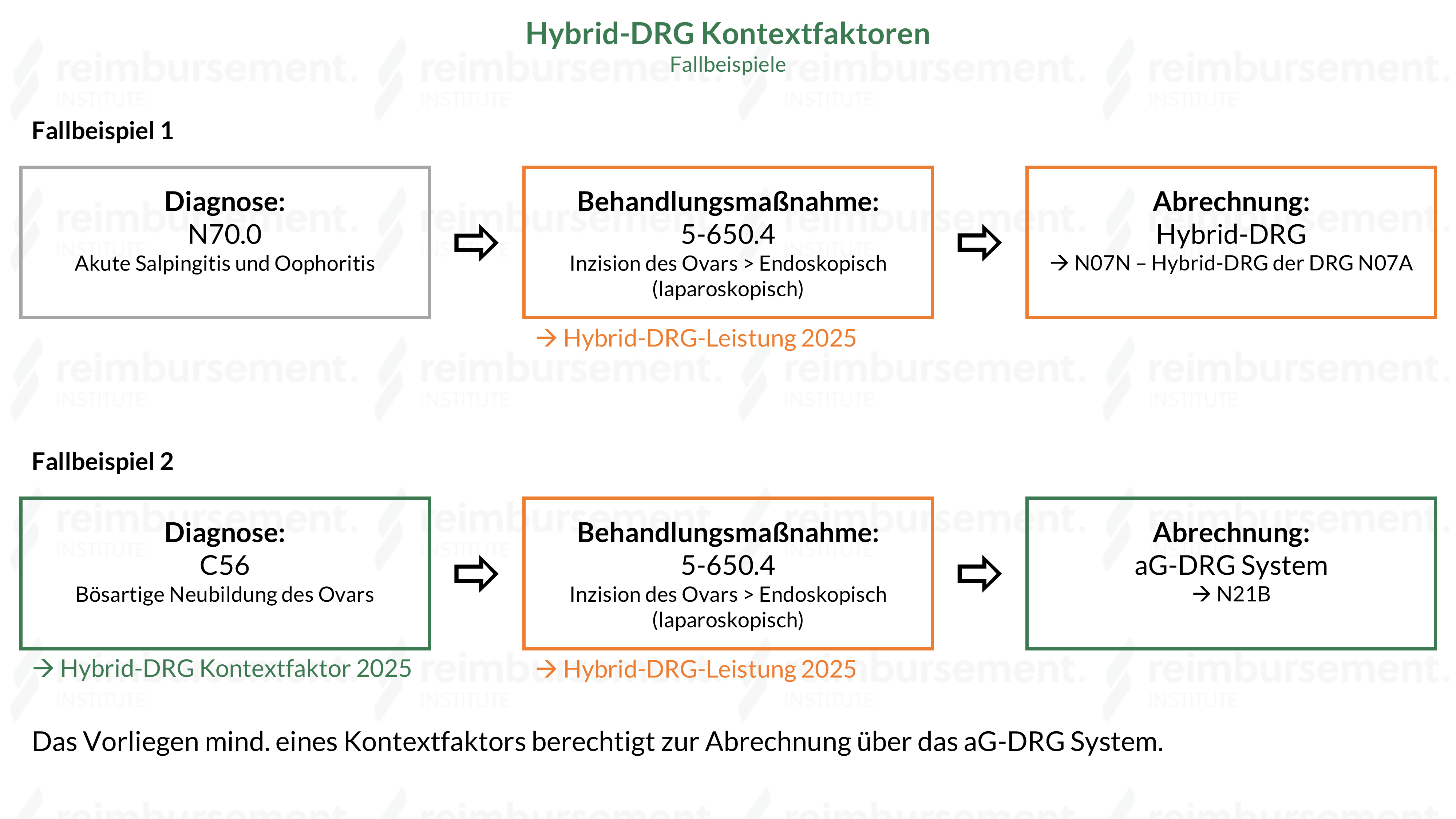 Darstellung zweier Fallbeispiele zur Demonstration der Fallgruppierung ohne und mit Hybrid-DRG Kontextfaktoren Darstellung zweier Fallbeispiele zur Demonstration der Fallgruppierung ohne und mit Hybrid-DRG Kontextfaktoren