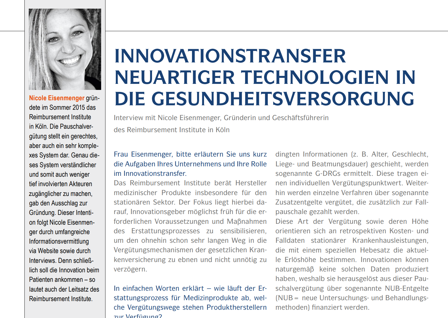 Ein Beitrag des Reimbursement Institute zum Thema "Innovationstransfer neuartiger Technologien in die Gesundheitsversorgung"